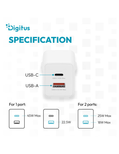 Digitus USB GaN Charger 45W, 1x USB-C, 1x USB-A | DA-10302