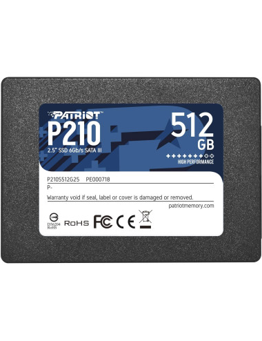 SSD|PATRIOT|P210|512GB|SATA 3.0|Write speed 430 MBytes/sec|Read speed 520 MBytes/sec|2,5"|TBW 240 TB|P210S512G25