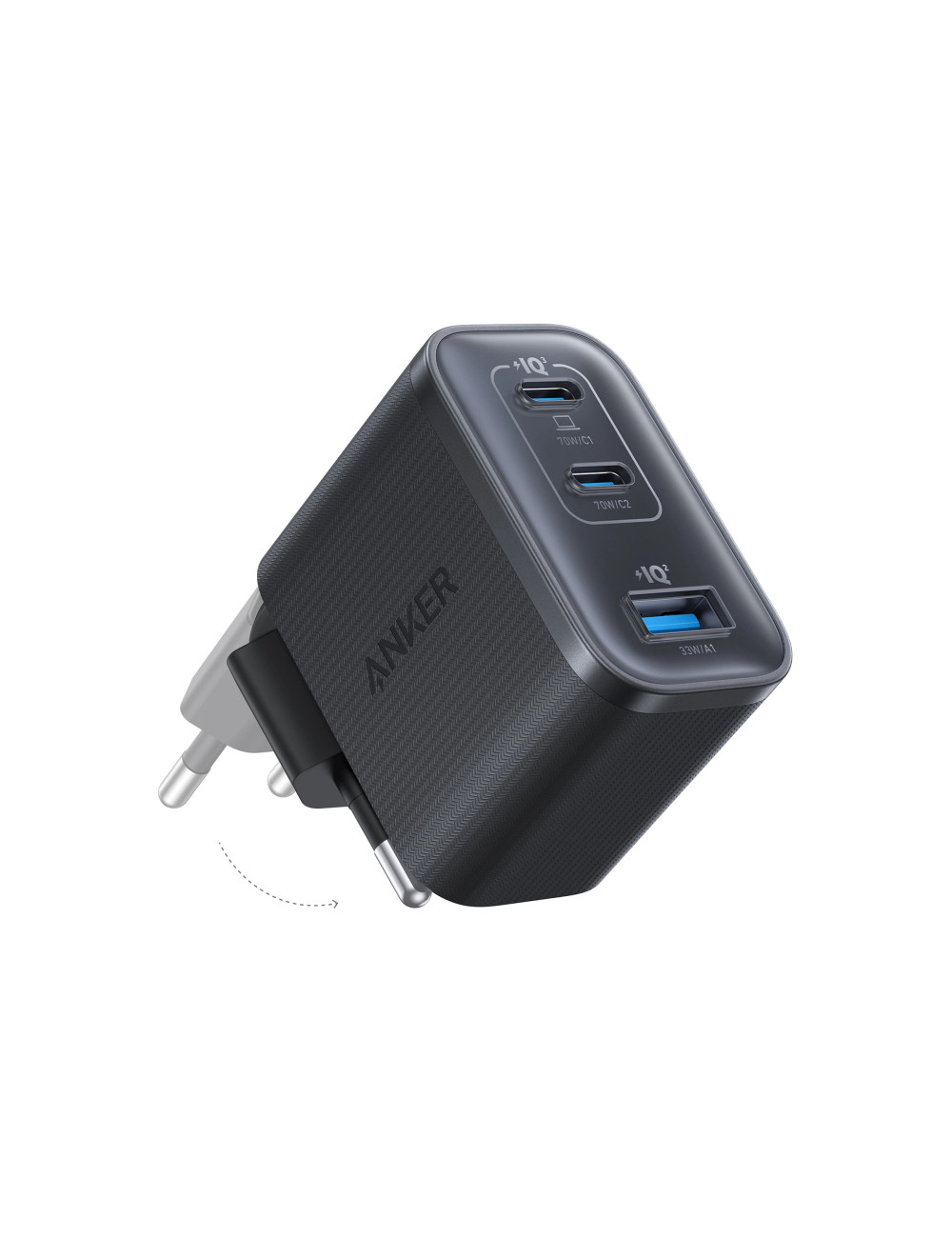 Anker Nano Charger 70W, 3 ports, Black | 2 x 24 pin USB-C, 4 pin USB Type A