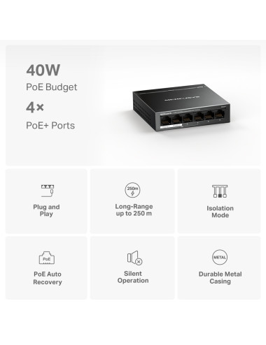MS106LP | Mercusys 6-Port 10/100 Mbps Desktop Switch with 4-Port PoE+ | Desktop | 10/100 Mbps (RJ-45) ports quantity 6