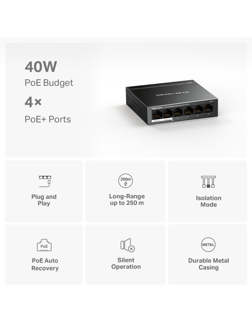 MS106LP | Mercusys 6-Port 10/100 Mbps Desktop Switch with 4-Port PoE+ | Desktop | 10/100 Mbps (RJ-45) ports quantity 6