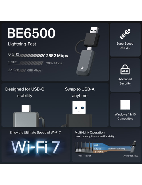 TP-LINK BE6500 Tri-Band Wi-Fi 7 Mini Wireless USB Adapter | Archer TBE400U | 2.4 GHz, 5 GHz, 6 GHz | 802.11ax | MU-MiMO No | no 