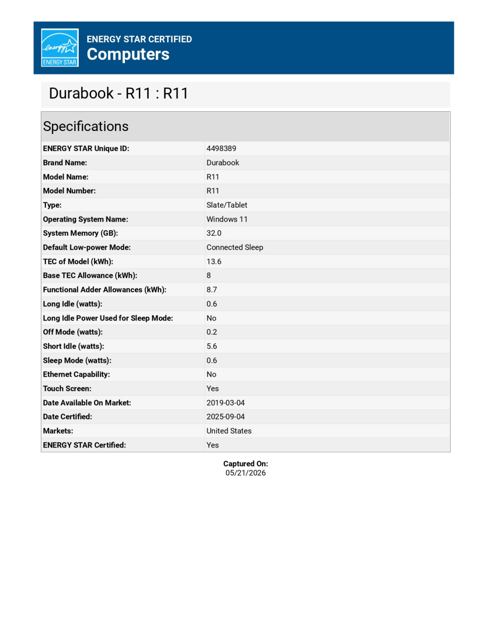 Durabook | Rugged Tablet | R11 | 11.6 " | Black | 1920 x 1080 pixels | Intel Core | i5-1235U | 16 GB | 256 GB | Wi-Fi | Front ca