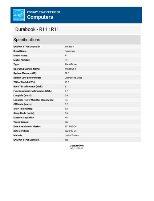 Durabook | Rugged Tablet | R11 | 11.6 " | Black | 1920 x 1080 pixels | Intel Core | i5-1235U | 16 GB | 256 GB | Wi-Fi | Front ca
