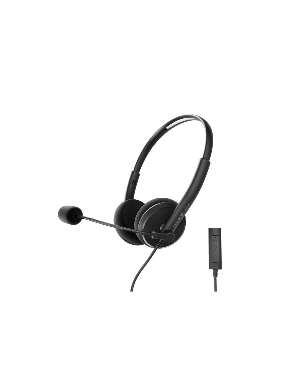 Energy Sistem Headset Office 2+ Black, USB and 3.5 mm plug, volume control, retractable boom mic.