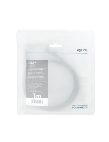 Logilink USB 3.2 Gen 2 cable, C/M to C/M, 4K/60Hz, PD,alu CUA0107 1 m, USB-C male, USB-C male