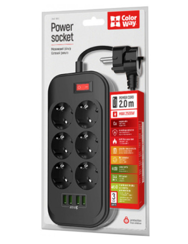 ColorWay Power Socket CW-CHE64B Black, 4xUSB, 2 m, 250 V, 6 euro sockets, 17 W