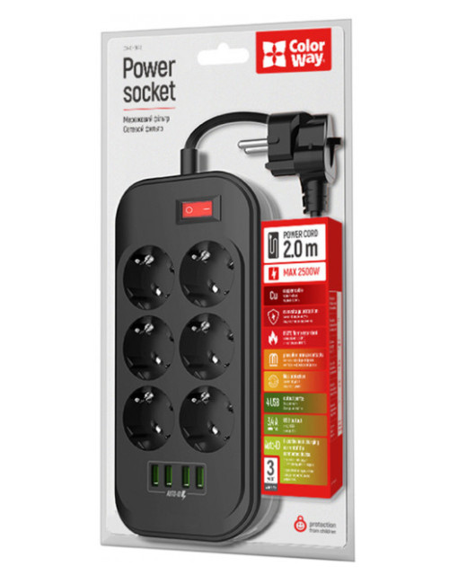 ColorWay Power Socket CW-CHE64B Black, 4xUSB, 2 m, 250 V, 6 euro sockets, 17 W