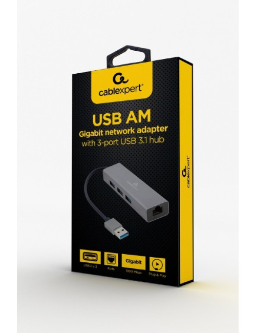 Cablexpert USB AM Gigabit network adapter with 3-port USB 3.0 hub A-AMU3-LAN-01 Black